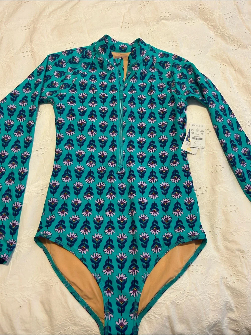 2 Long-Sleeve Floral Rash Guard Swimsuit - Pink & Teal. Age 14 or Adult S/XS